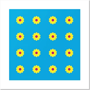 Yellow Daisies with Cerise centres on a Vibrant Blue background Posters and Art